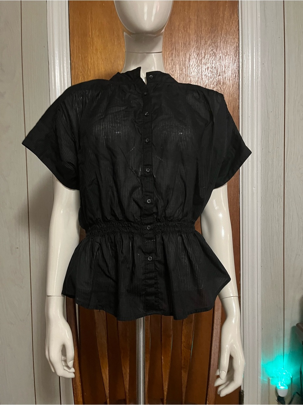 Route 66 Black Short-Sleeve Buttoned Peplum Blouse